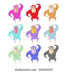 Set of colored monkeys. Funny gorilla. Cute primacy of different colors. Wild animal from jungle.

