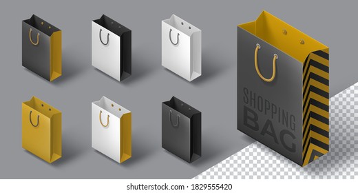 Set of colored and monochrome bags for shopping. 3D isometric icons with transparent background. Vector realistic illustration for discount flyer, ad, poster. Template for Black Friday sale banner.