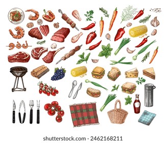 A set of colored and monochrome hand-drawn sketches of barbecue and picnic elements. For design of menu of restaurants and cafes, grilled food. Vintage illustration. Engraved image.