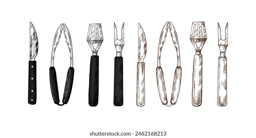 A set of colored and monochrome hand-drawn sketches of barbecue tools. Detailed retro style grill tools. Doodle vintage illustration. Engraved image.