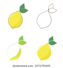 A set of colored and monochrome vector images of lemon on a white background