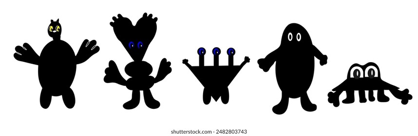 Set of colored monsters kid isolated. Set of cute monsters. Bizzare kind characters in flat style. Adorable childish creatures black colors. Hand drawn comic beasts isolat