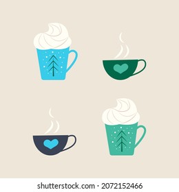 Set of colored mugs with hot drinks. Vector illustration in flat style.