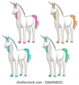 Set of colored multi-colored unicorns. Isolated vector objects on white background.