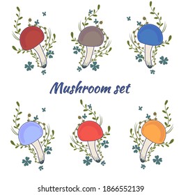 Set with colored mushrooms. Beautiful single multi-colored mushrooms on a white background, isolated.