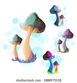 Set with colored mushrooms. Beautiful single multi-colored mushrooms with grass on a white isolated background. 