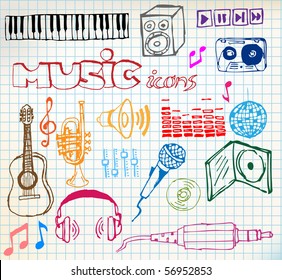 Set of colored music hand-drawn icons on squared paper