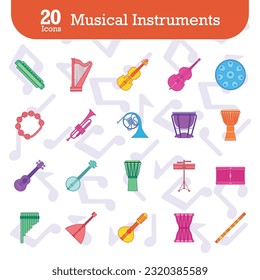 Set of colored musical instruments icons Vector illustration