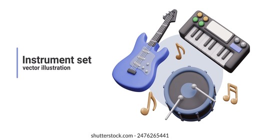 Set of colored musical instruments of various types. Guitar, drum, synthesizer, notes