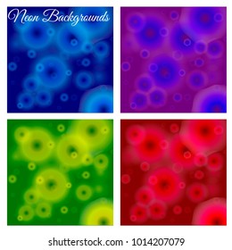 Set of colored neon backgrounds with luminous circle elements. Vector illustration.