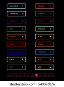 Set of colored neon buttons with icons. They can be used for web design, advertising and printing. Vector Eps 10.