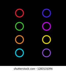 Set of colored neon circles on a black background. Vector illustration .