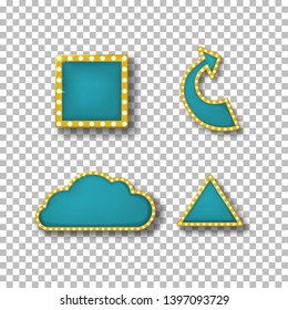 Set of colored neon frames, banners, billboard with lighting bulbs. Frames templates with backlight, in vintage style, in form of quare, arrow pointer, cloud, triangle. Vector illustration.