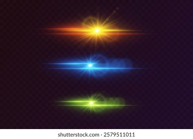 Set of colored neon highlights and flares. The effect of lines and stars, an explosion of lenses.