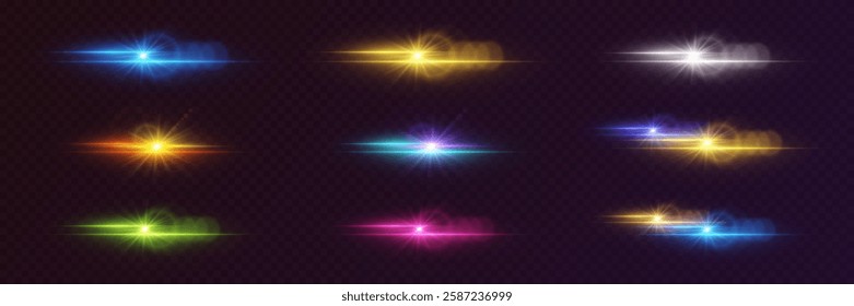 Set of colored neon highlights and flares. The effect of lines and stars, an explosion of lenses.