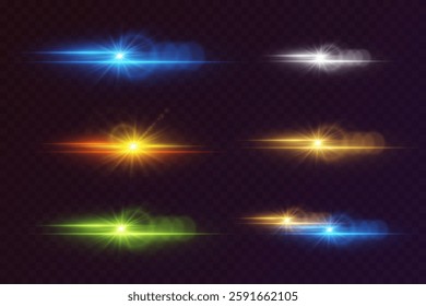Set of colored neon highlights and flares. The effect of lines and stars, an explosion of lenses.
