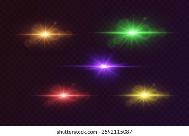 Set of colored neon highlights and flares. The effect of lines and stars, an explosion of lenses.