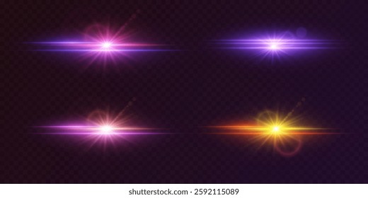 Set of colored neon highlights and flares. The effect of lines and stars, an explosion of lenses.