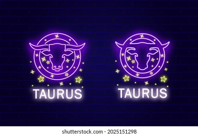 Set of colored neon illustrations of bull head, stars and text on brick wall background. Design element for poster, banner, emblem, sticker. Vector illustration. Zodiac sign. Taurus.