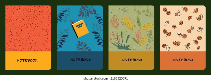 a set of colored notebooks with an autumn ornament of yellow, orange and green leaves
