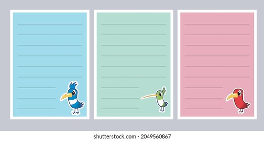 conjunto de notas coloreadas para la escuela con pegatinas de pájaros coloridas