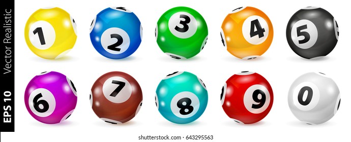 Set of colored numbered balls for bingo game. Lotto keno concept. Bingo balls with numbers. Vector illustration.