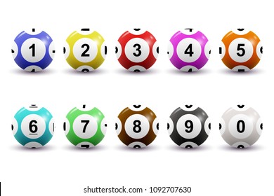 Set of colored numbered lottery balls for bingo game. Lotto keno concept. Bingo balls with numbers. Isolated on white background. Vector illustration.