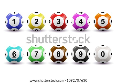 Set of colored numbered lottery balls for bingo game. Lotto keno concept. Bingo balls with numbers. Isolated on white background. Vector illustration.
