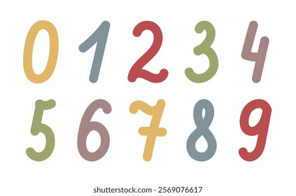 Set of colored numbers 0, 1, 2, 3, 4, 5, 6, 7, 8, 9. Stylish set of hand drawn cute numbers for children design