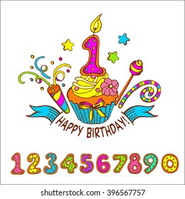 Set of colored numbers. Happy birthday. One year.