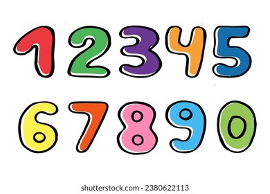 Set of colored numbers isolated on a white background. Vector children's doodle illustration.