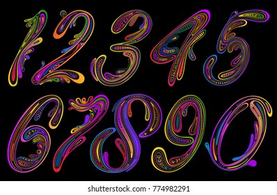 Set of colored numbers from patterns on a dark background