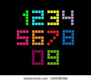 set of colored numbers simulating an electronic scoreboard with square segments