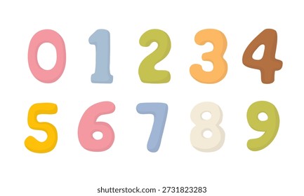 Ein Satz farbiger Zahlen von Null bis Neun für Geburtstagskarten. Vektorgrafik im flachen Stil. Dieses Objekt stellt die Nummern von Kindern für Designzwecke dar und kann in Unterrichtsmaterialien, Postern, Karten und Aufklebern verwendet werden.