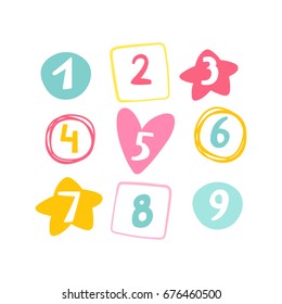 Set of colored numerals from 1 to 9. Birthday kids party design elements.