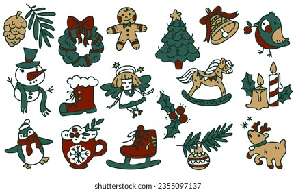 A set of colored objects for the Christmas mood in retro style. Vector illustrations drawn by hand. Drawings of Christmas accessories, food, comfort items. Elements with a green outline on white for