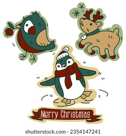 A set of colored objects to create a retro Christmas mood with the help of noise. Vector illustrations drawn by hand. Drawings of Christmas animals. Cute cozy details bird, penguin, deer