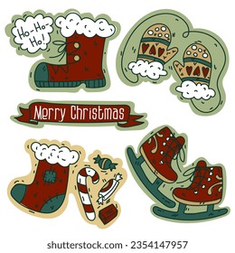 A set of colored objects to create a retro Christmas mood with the help of noise. Vector illustrations drawn by hand. Drawings of Christmas elements. Cute cozy details skates, mittens, socks, candy