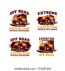 Set of Colored  Off Road Car 4x4 Vehicle Logo Badge Template with Old Style Retro Vintage. Sticker, Sign, Stamp, Icon, Poster, Emblem.