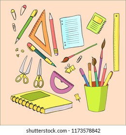 Set of colored office objects