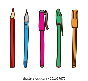 Set of colored office pens and pencils. Writing utensils.