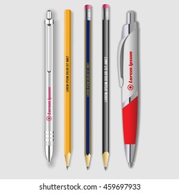 Set of colored office pens and pencils, vector illustration