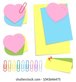 A set of colored office sticky sheets of different shapes, push pins and clips. Simple flat vector illustration isolated on white background.