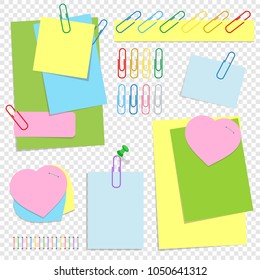 A set of colored office sticky sheets of different shapes, buttons and clips. A simple flat vector illustration isolated on a transparent background.