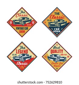 Set of Colored Old Retro Style Vintage Classic Car Vector Logo, Badge, Emblem, Icon, Sticker. Car Wash, Workshop Repair, Service, Community, Club, Car Show, Exhibition, Festival Element