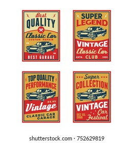 Set of Colored Old Retro Style Vintage Classic Car Vector Logo, Badge, Emblem, Icon, Sticker. Car Wash, Workshop Repair, Service, Community, Club, Car Show, Exhibition, Festival Element