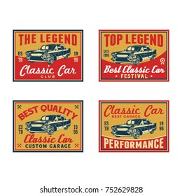 Set of Colored Old Retro Style Vintage Classic Car Vector Logo, Badge, Emblem, Icon, Sticker. Car Wash, Workshop Repair, Service, Community, Club, Car Show, Exhibition, Festival Element