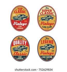 Set of Colored Old Retro Style Vintage Classic Car Vector Logo, Badge, Emblem, Icon, Sticker. Car Wash, Workshop Repair, Service, Community, Club, Car Show, Exhibition, Festival Element