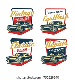 Set of Colored Old Retro Style Vintage Classic Car Vector Logo, Badge, Emblem, Icon, Sticker. Car Wash, Workshop Repair, Service, Community, Club, Car Show, Exhibition, Festival Element svg