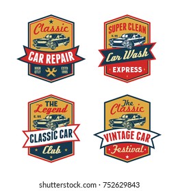 Conjunto de Colores Antiguos Estilo Retro Vintage Classic Car Vector Logo, Badge, Emblem, Icon, Sticker. Lavado de coches, Reparación de talleres, Servicio, Comunidad, Club, Show de coches, Exposición, Elemento Festival